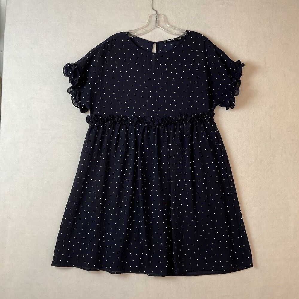 Doe & Rae Babydoll Dress Womens S Navy Blue White Polka Dots Short Sleeve Ruffle